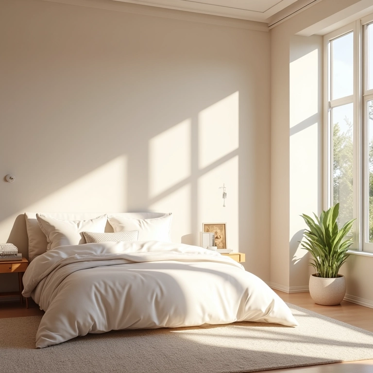 Quarto com paredes acetinadas e pouca luz natural, criando um ambiente iluminado.