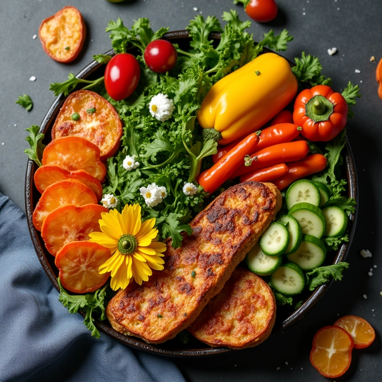 Refeição saudável e colorida com frutas e vegetais brasileiros, destacando a importância da alimentação para o controle do peso.