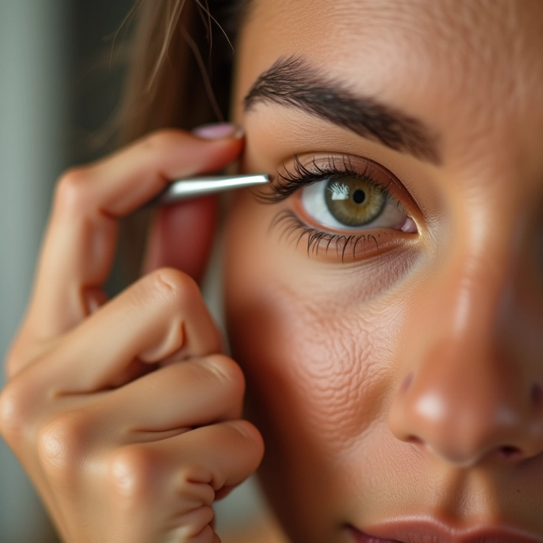 Removendo pelos da sobrancelha com pinça.