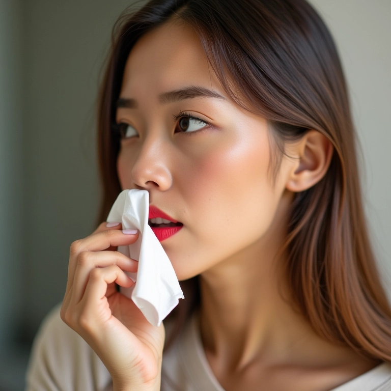 Retirando o excesso de batom vermelho com um lenço de papel.