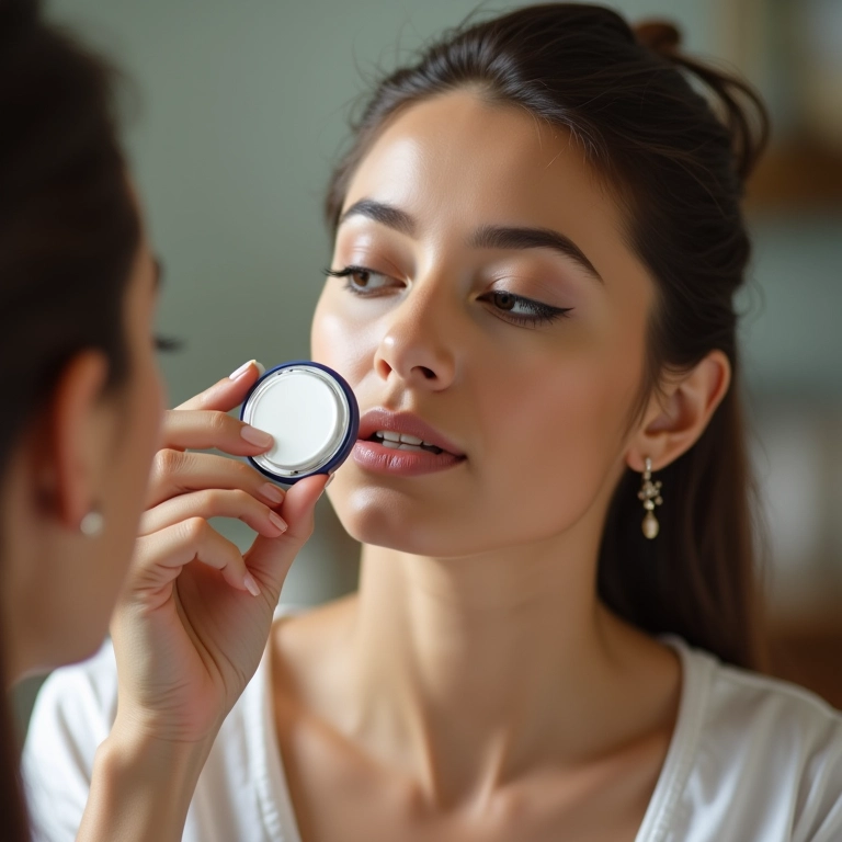 Retocando a maquiagem com pó compacto durante o dia.