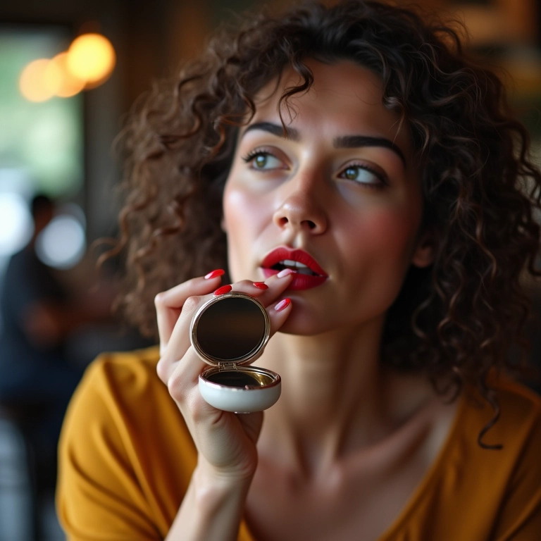 Retoque do batom vermelho em um espelho compacto.