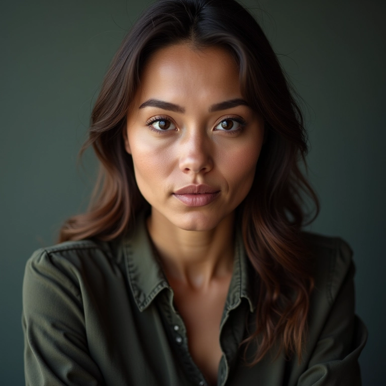 Retrato de uma mulher posando de frente para a câmera, com olhar direto.