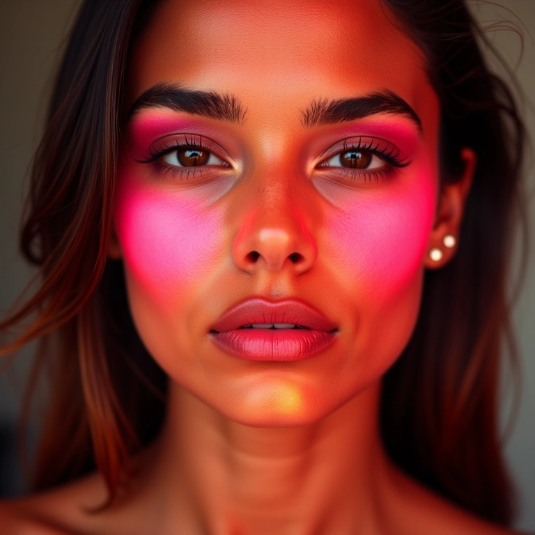 Rosto com iluminador e blush neon vibrantes.