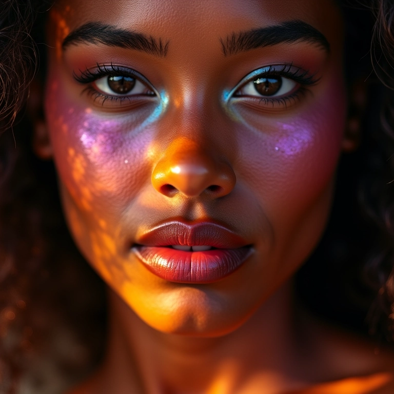 Rosto de mulher com iluminador duochrome refletindo cores vibrantes.