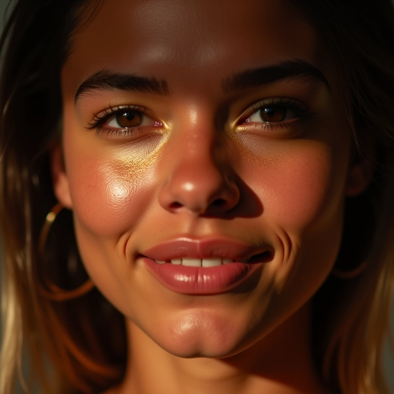 Rosto de mulher com iluminador líquido, pele radiante.