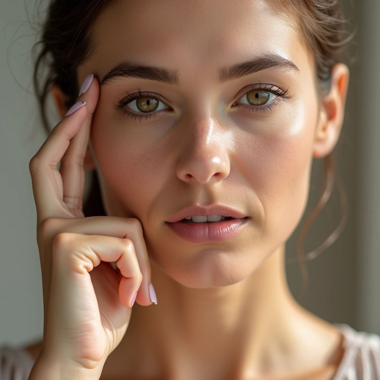 Rosto de mulher testando base na luz natural da janela.