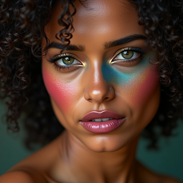 Rosto feminino com maquiagem com texturas.