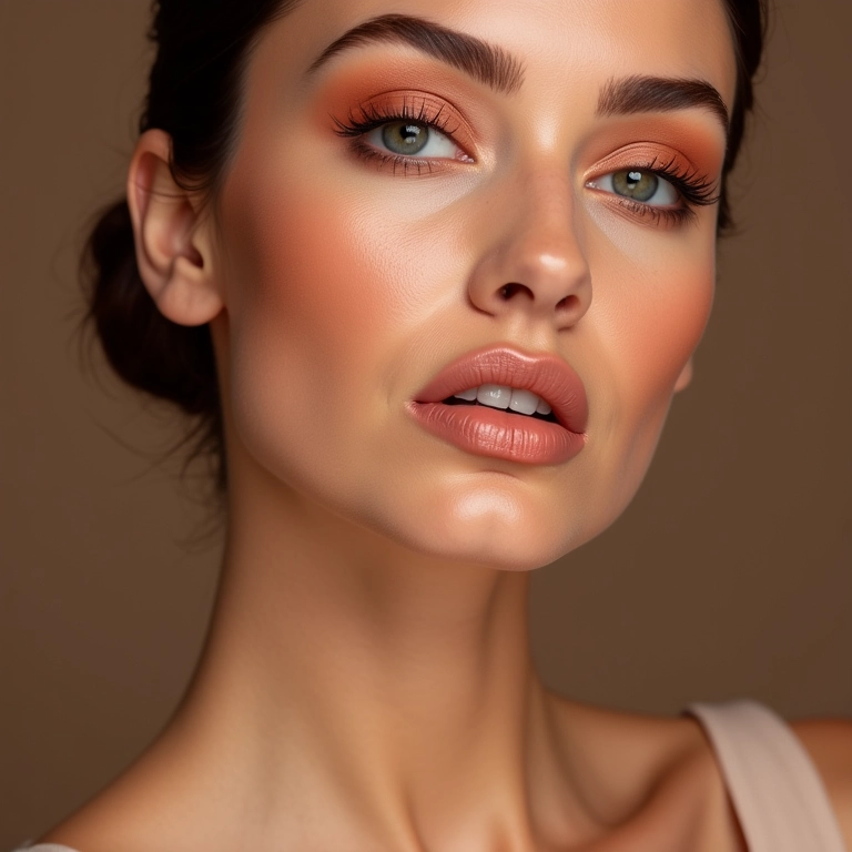 Rosto feminino com maquiagem de contorno e iluminador pêssego.