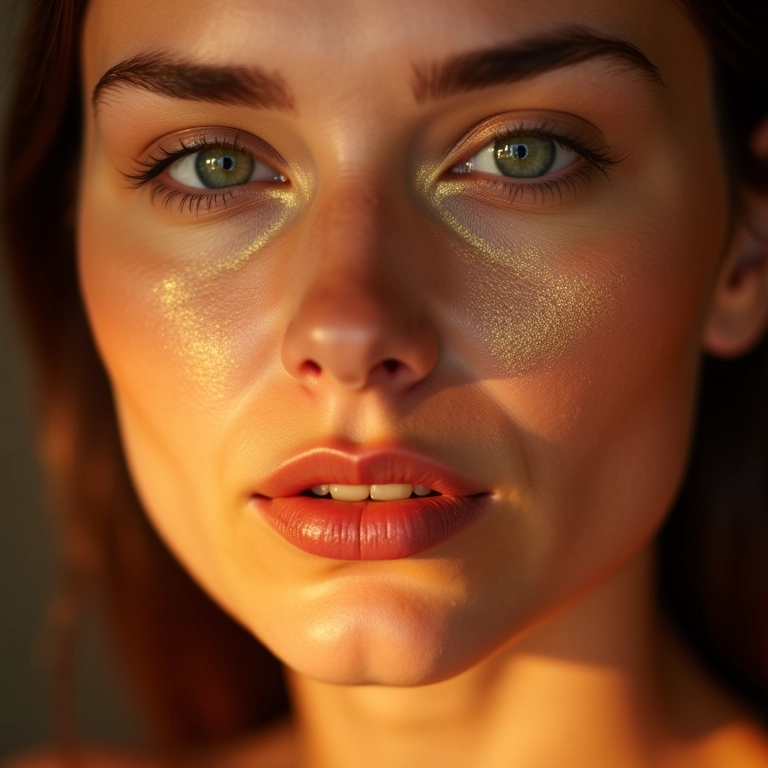 Rosto iluminado com maquiagem minimalista e iluminador dourado de longa duração.