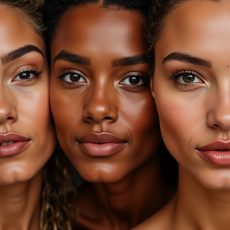 Rostos de mulheres diversas usando diferentes tons de base de farmácia.