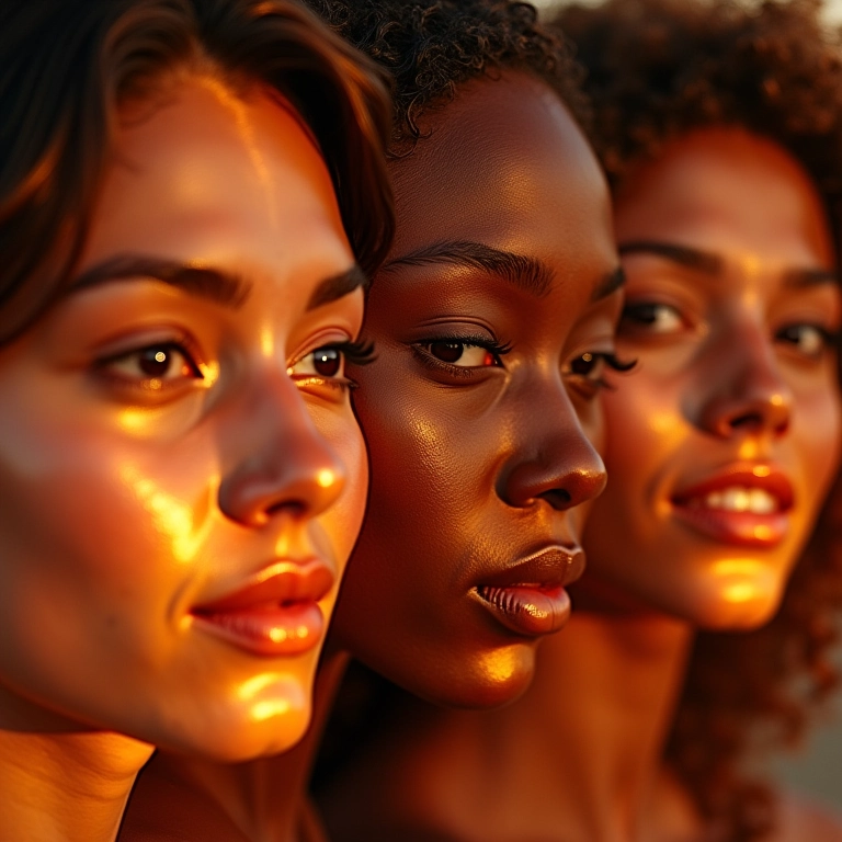 Rostos diversos com iluminador marmorizado brilhante.