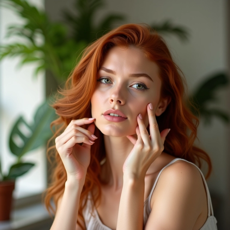 Ruiva aplicando base no rosto em um banheiro iluminado.