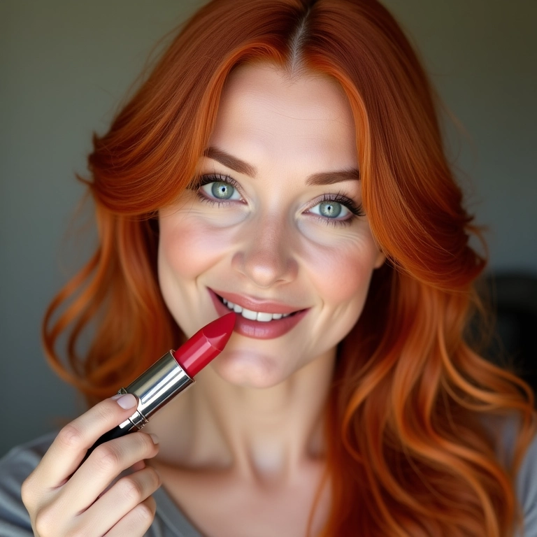 Ruiva aplicando batom que combina com seu tom de pele.