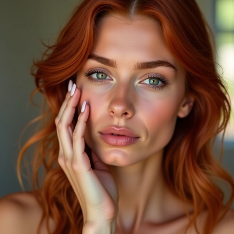 Ruiva aplicando blush para um toque de saúde no rosto.