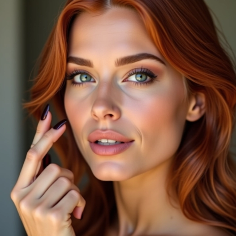 Ruiva aplicando contorno para definir o rosto.