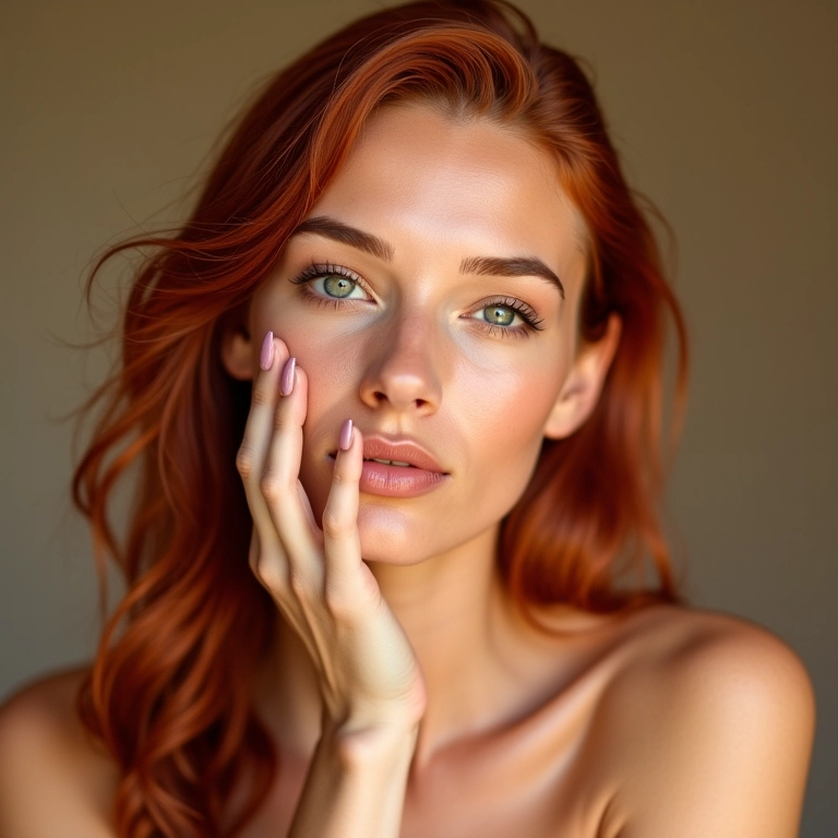 Ruiva aplicando iluminador para um brilho natural na pele.