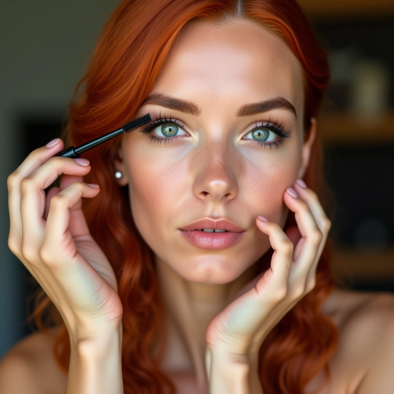 Ruiva aplicando máscara de cílios para um olhar marcante.