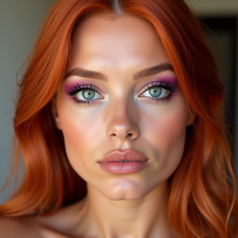 Ruiva aplicando sombra nos olhos com cores vibrantes.