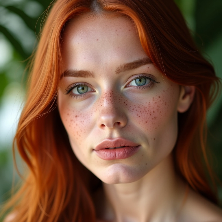 Ruiva com sardas e maquiagem natural.