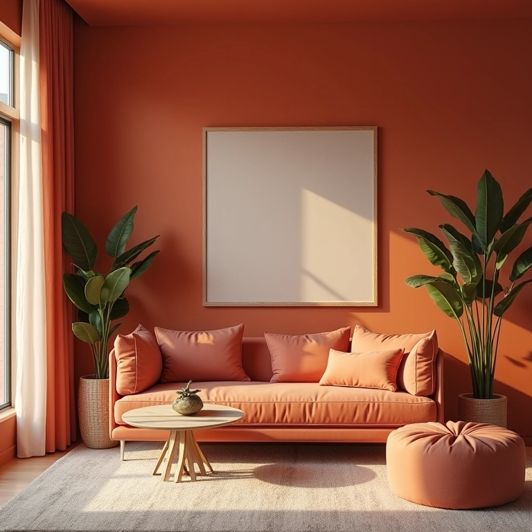 Sala aconchegante com paredes acetinadas e cores quentes, criando um ambiente acolhedor.