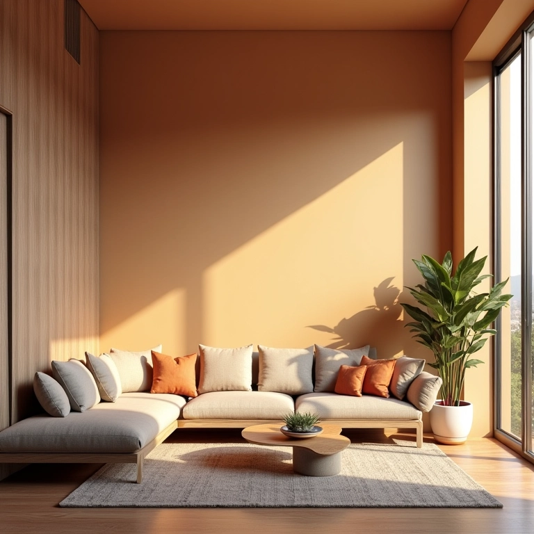 Sala de estar aconchegante com paredes em acabamento acetinado, mostrando o equilíbrio entre o fosco e o brilhante.