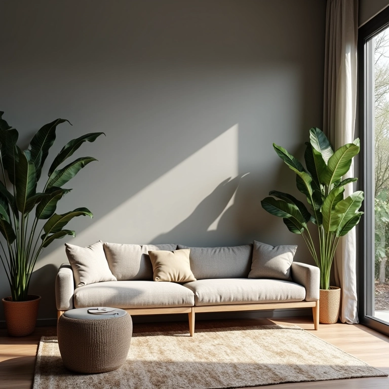 Sala de estar com iluminação natural valorizando o cinza.