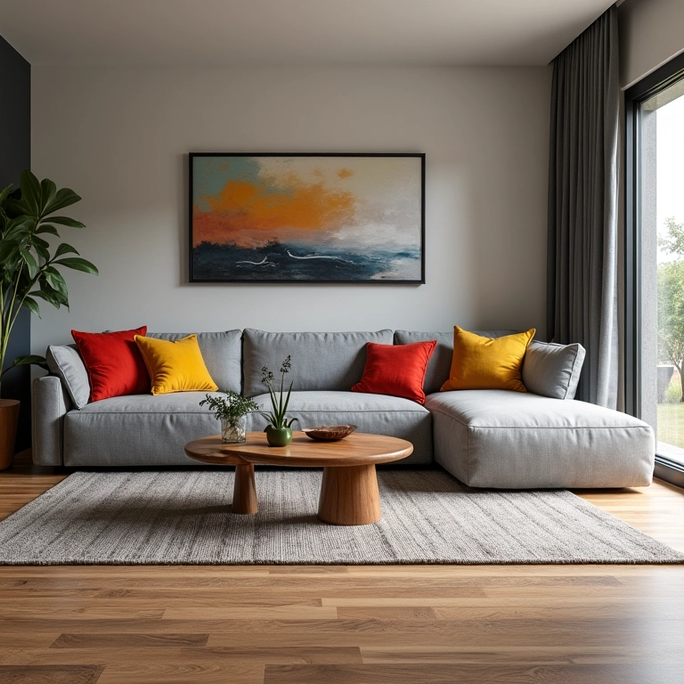 Sala de estar com móveis cinzas e detalhes coloridos.