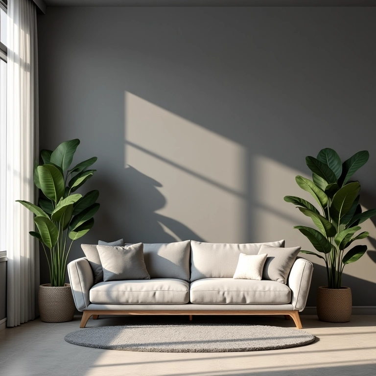 Sala de estar com paredes em tons de cinza.