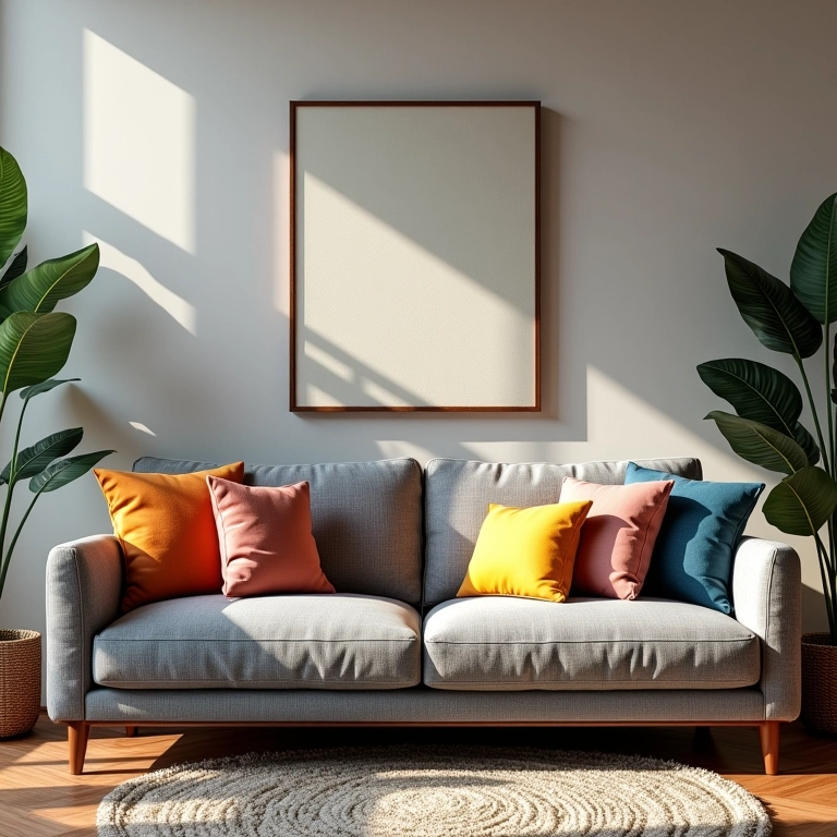 Sala de estar com sofá cinza e almofadas coloridas.