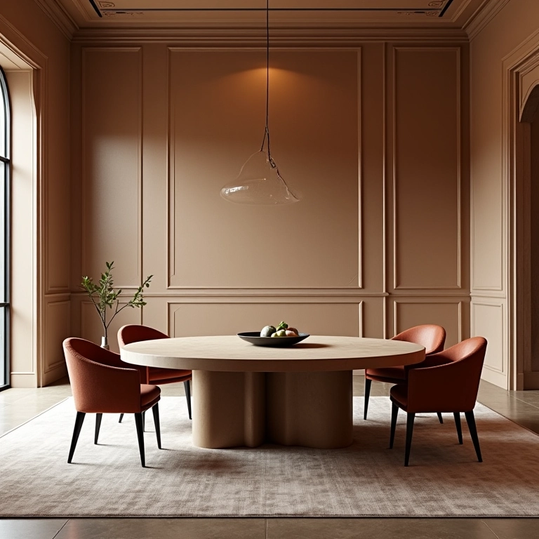 Sala de jantar elegante com paredes acetinadas refletindo a luz suavemente, decoração brasileira.