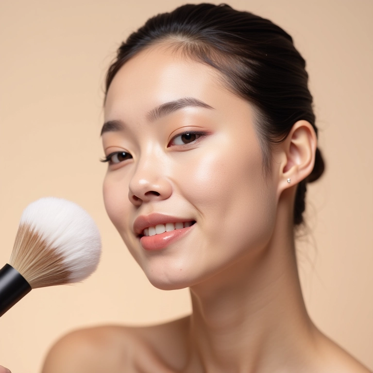 Selando a maquiagem com pó translúcido para um acabamento impecável.