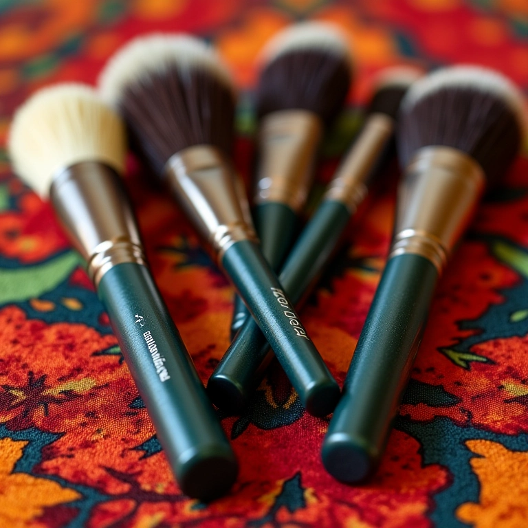 Seleção de pincéis de maquiagem dispostos sobre tecido colorido brasileiro.