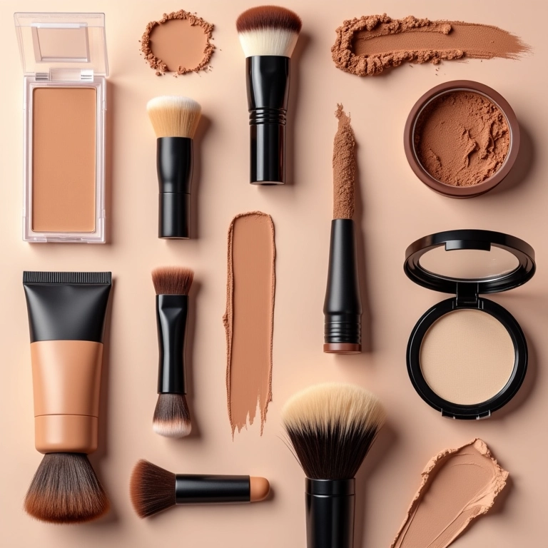 Seleção de produtos de contorno facial: bronzers, sticks e pincéis.