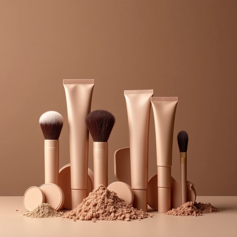 Seleção de produtos de contorno para rosto comprido: pó, creme e pincéis.
