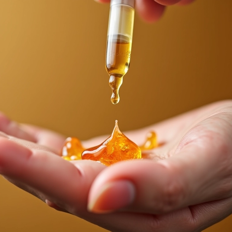 Sérum com antioxidantes gotejando na mão.