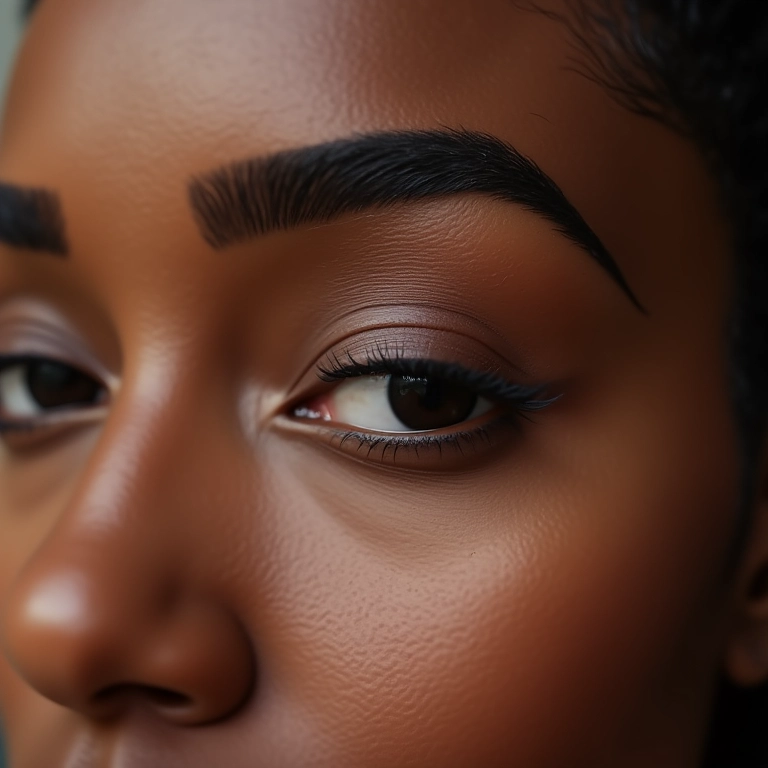 Sobrancelhas bem definidas em pele negra.