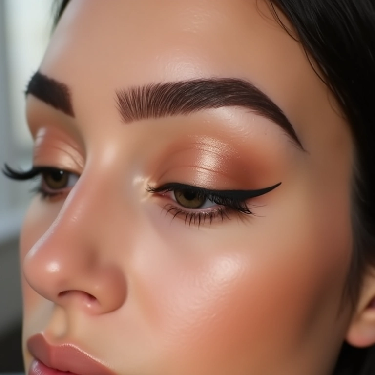 Sobrancelhas bem definidas em rosto com pálpebras caídas.