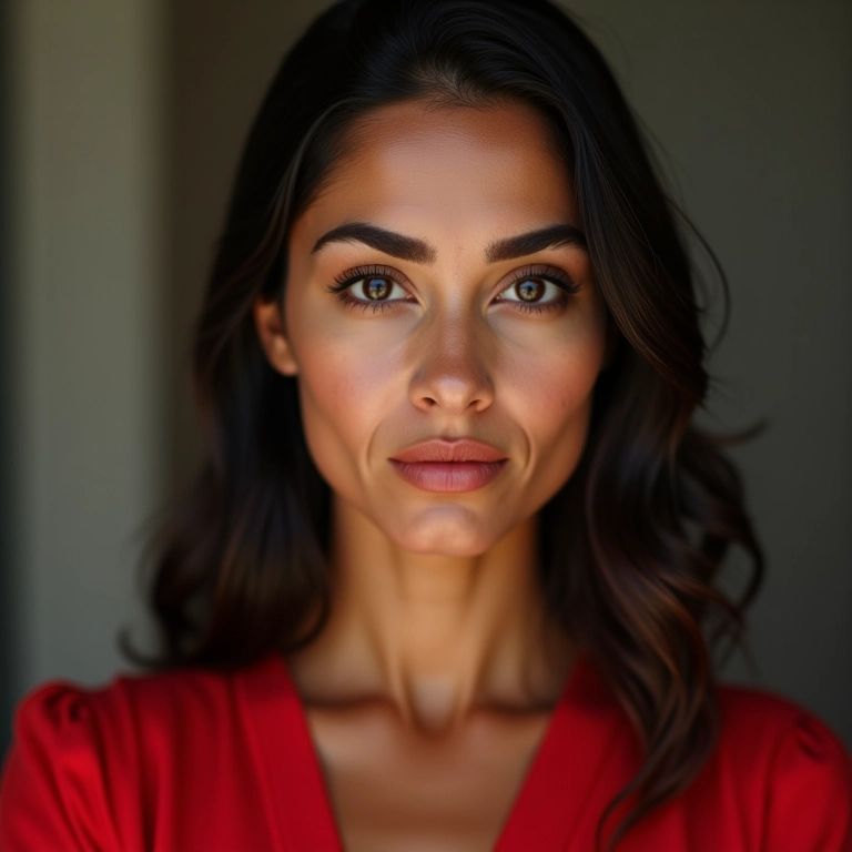 Sobrancelhas bem definidas para um olhar marcante com vestido vermelho.