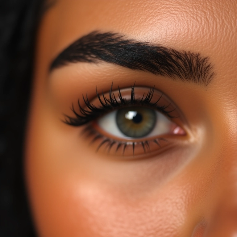 Sobrancelhas definidas e expressivas em maquiagem árabe em mulher brasileira.