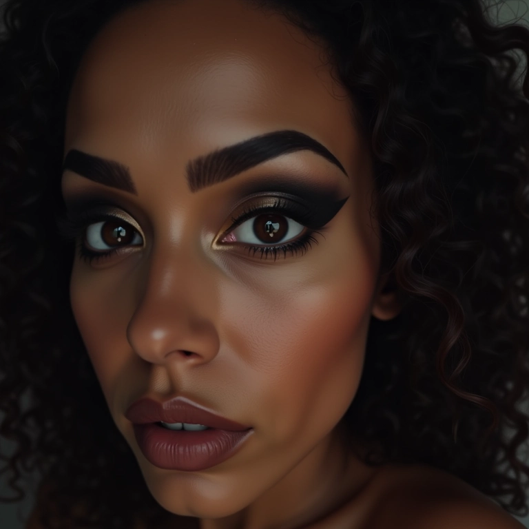 Sobrancelhas dramáticas e bem definidas, emoldurando o rosto e intensificando o olhar gótico.