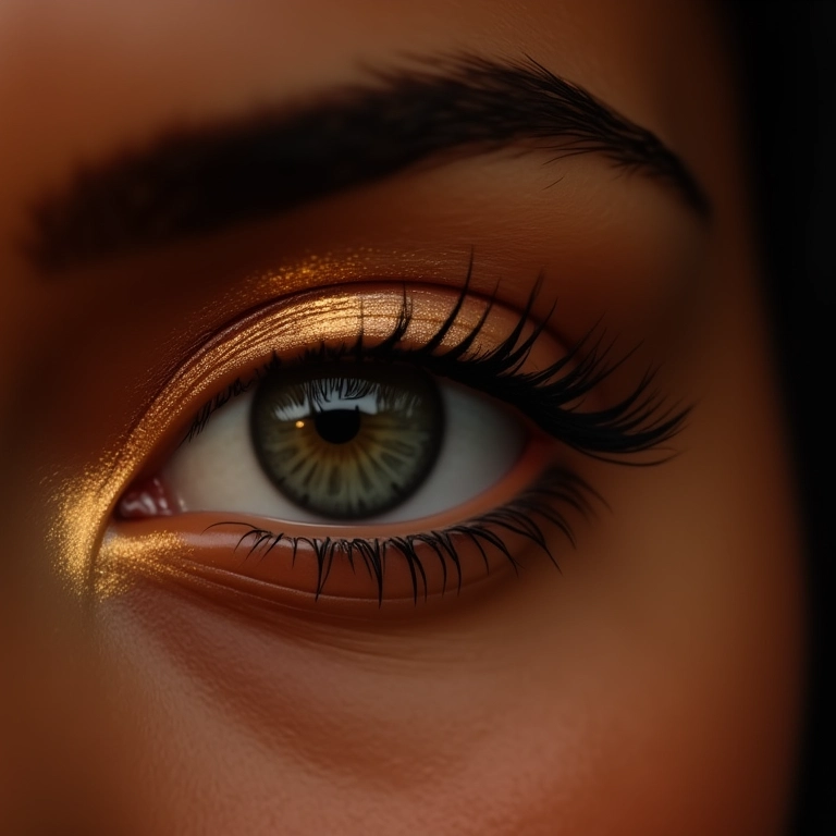 Sombra clara e cintilante no canto interno dos olhos de uma mulher brasileira.