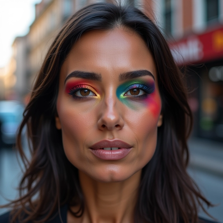 Sombra colorida esfumada em uma mulher de meia-idade.