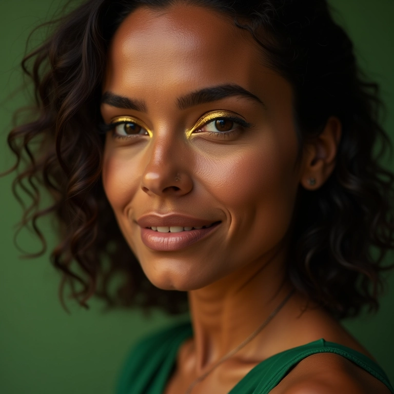 Sombra dourada para um toque de glamour com vestido verde.