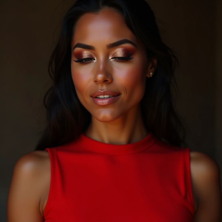 Sombras cintilantes para um toque de glamour com vestido vermelho.