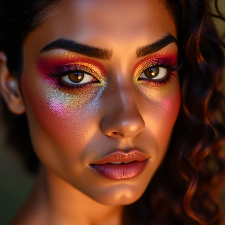 Sombras vibrantes e cintilantes: cores da Arábia em maquiagem em mulher brasileira.