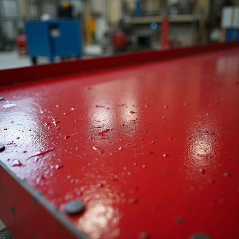 Superfície de metal tratada com primer vermelho para proteção contra ferrugem.