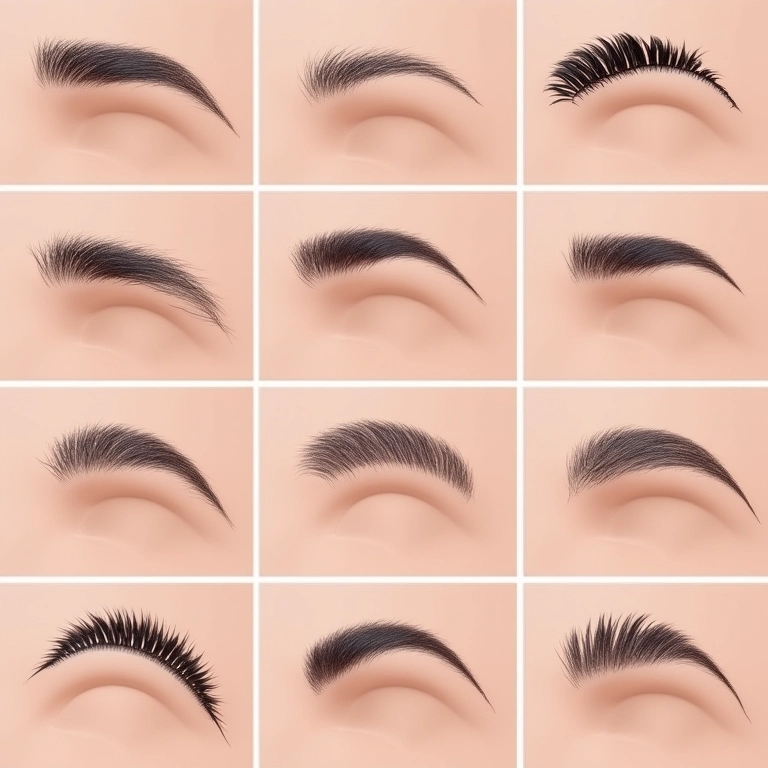 Tendências de design de sobrancelha: feathered, laminated, straight.