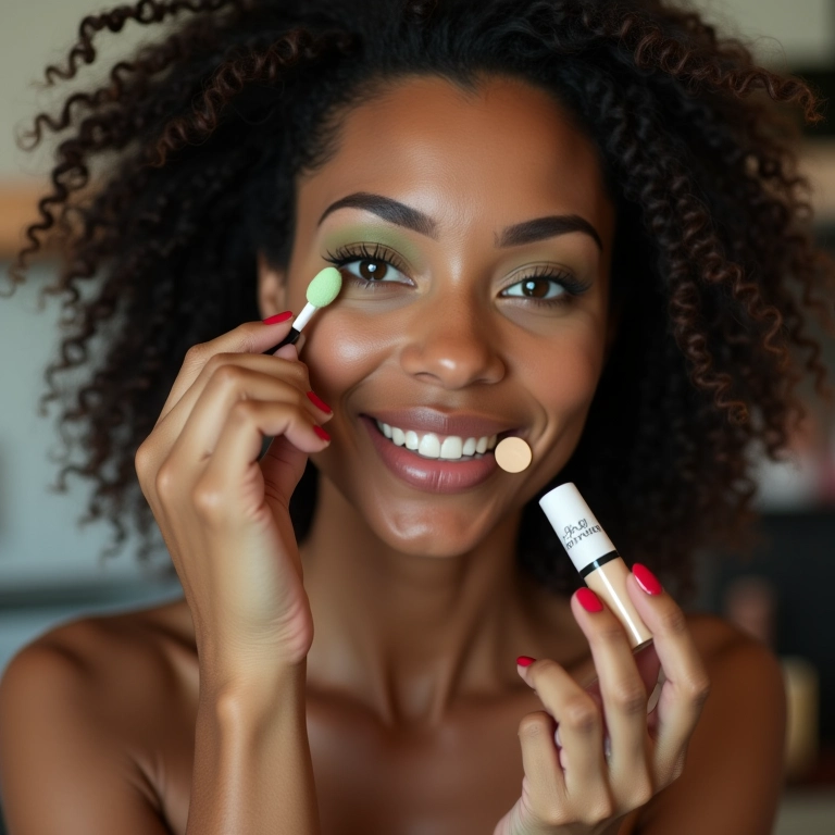 Testando o corretivo verde antes de comprar.