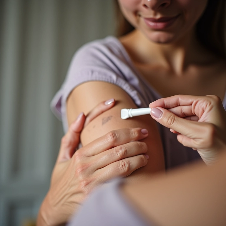 Teste de alergia à cola de cílios no braço de uma mulher.